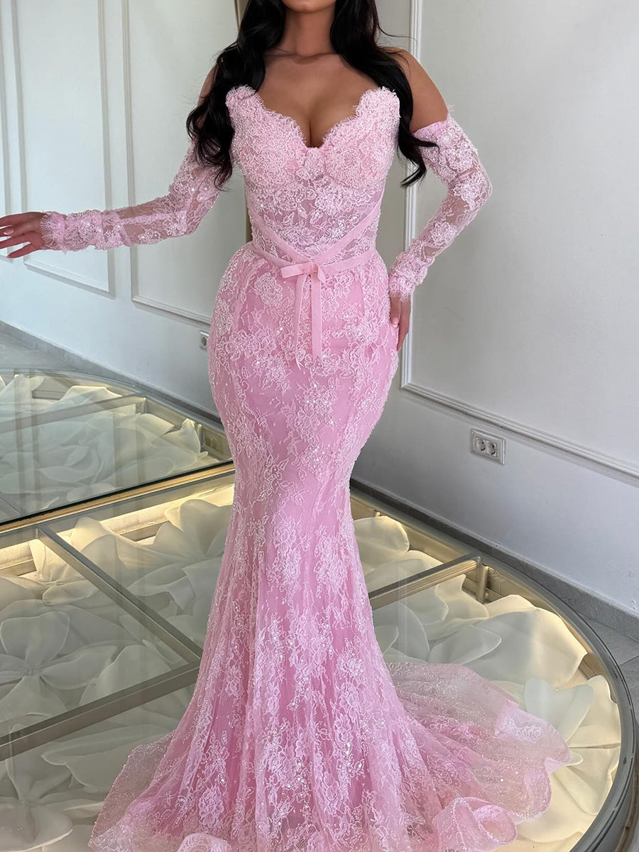 Sheath/Column Sweetheart Long Sleeves Appliques Lace Court Train Lace Corset Evening Dress