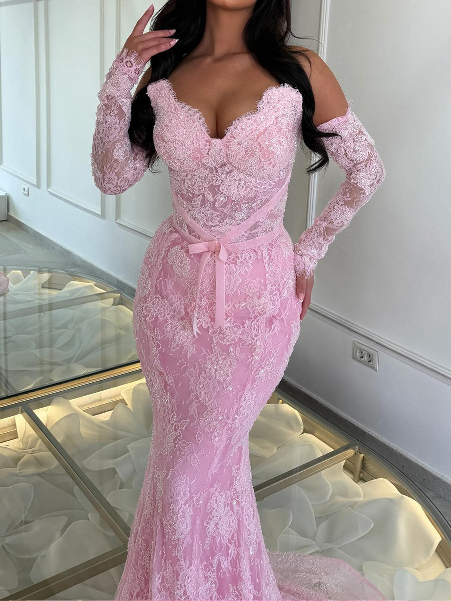 Sheath/Column Sweetheart Long Sleeves Appliques Lace Court Train Lace Corset Evening Dress