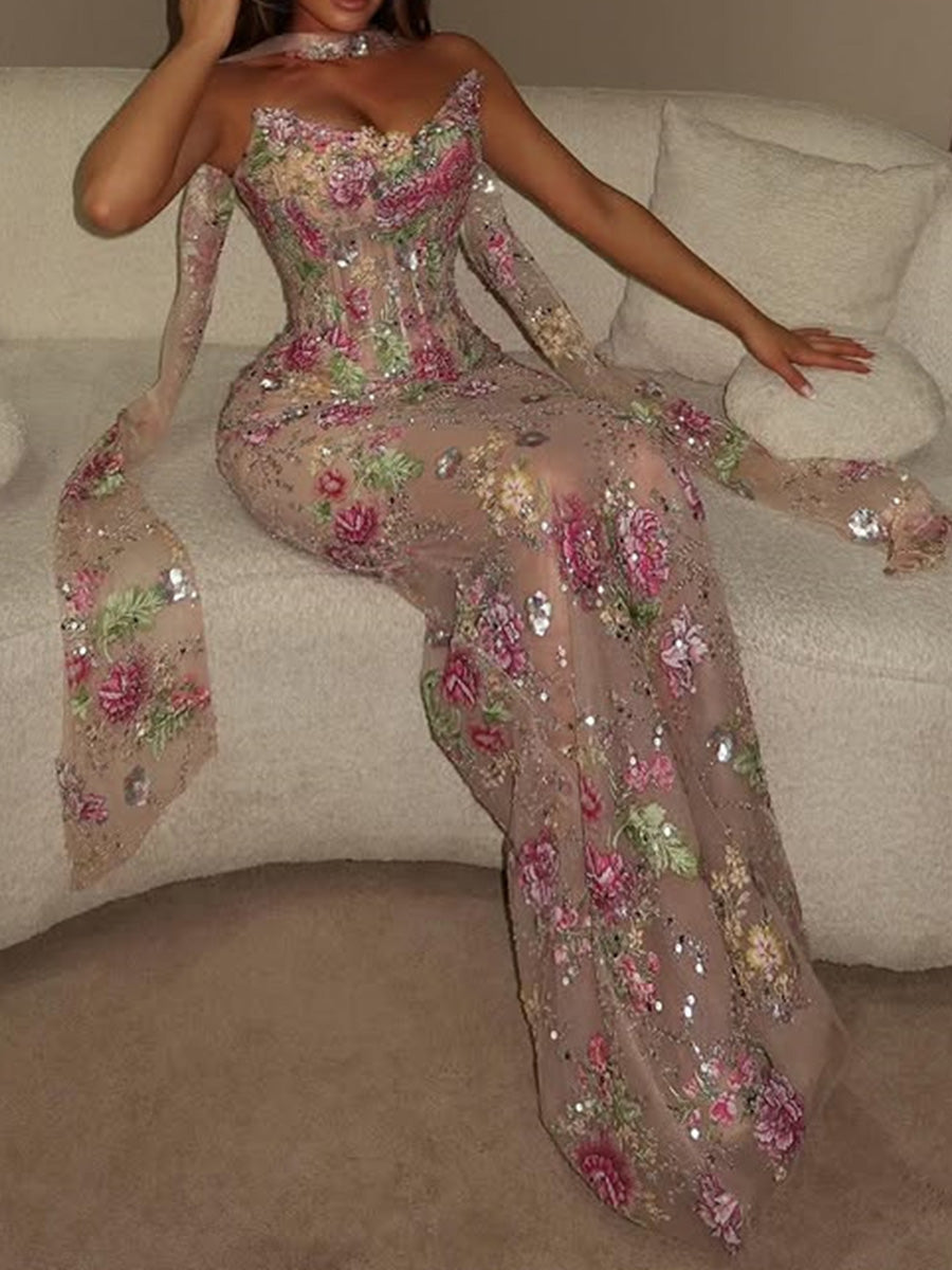 Sheath/Column Straight Appliques Lace Floor-Length Lace Corset Evening Dress