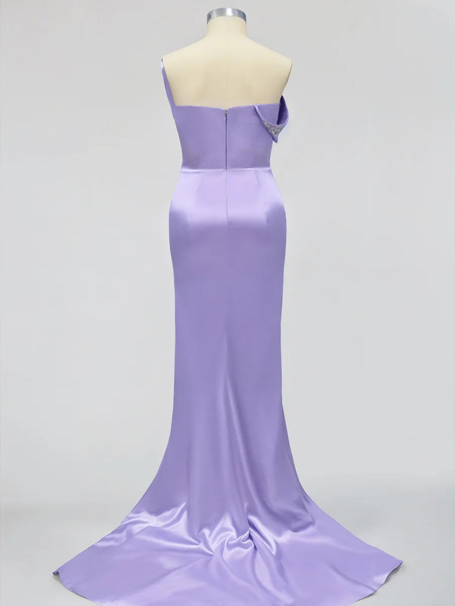 Sheath/Column One-Shoulder Rhinestone Court Train Silk Like Satin Corset Evening Dress