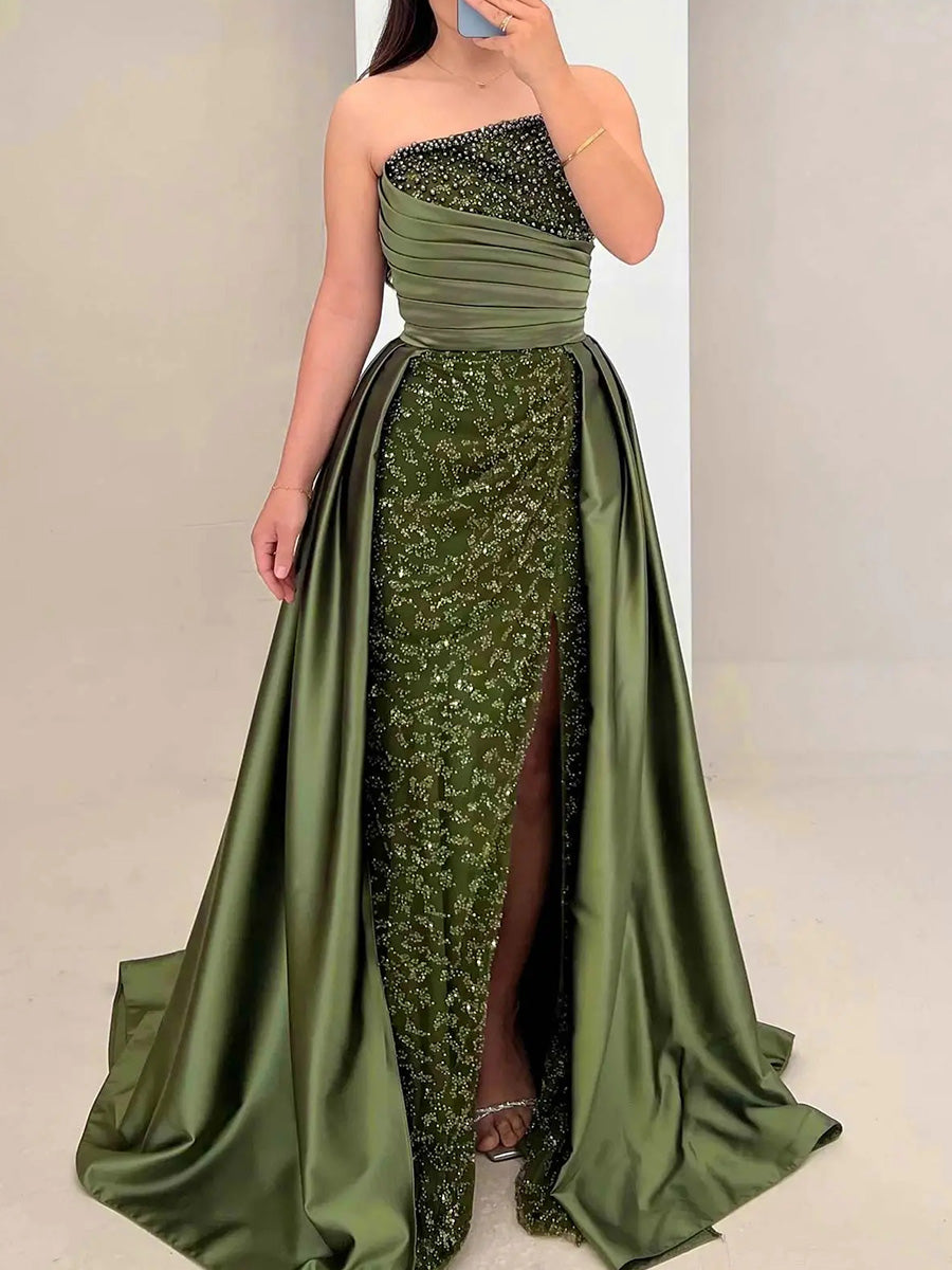 Sheath/Column Straight Beading Sweep Train Silk Like Satin Corset Evening Dress