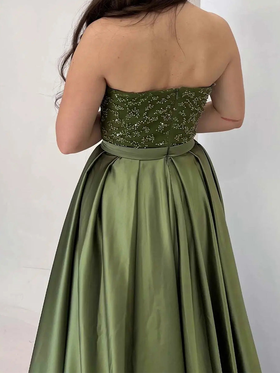 Sheath/Column Straight Beading Sweep Train Silk Like Satin Corset Evening Dress