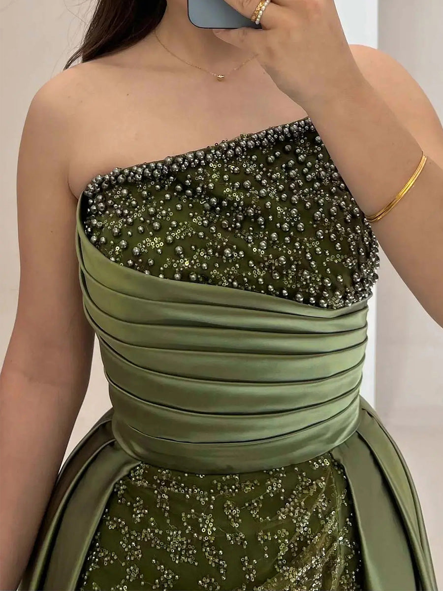 Sheath/Column Straight Beading Sweep Train Silk Like Satin Corset Evening Dress