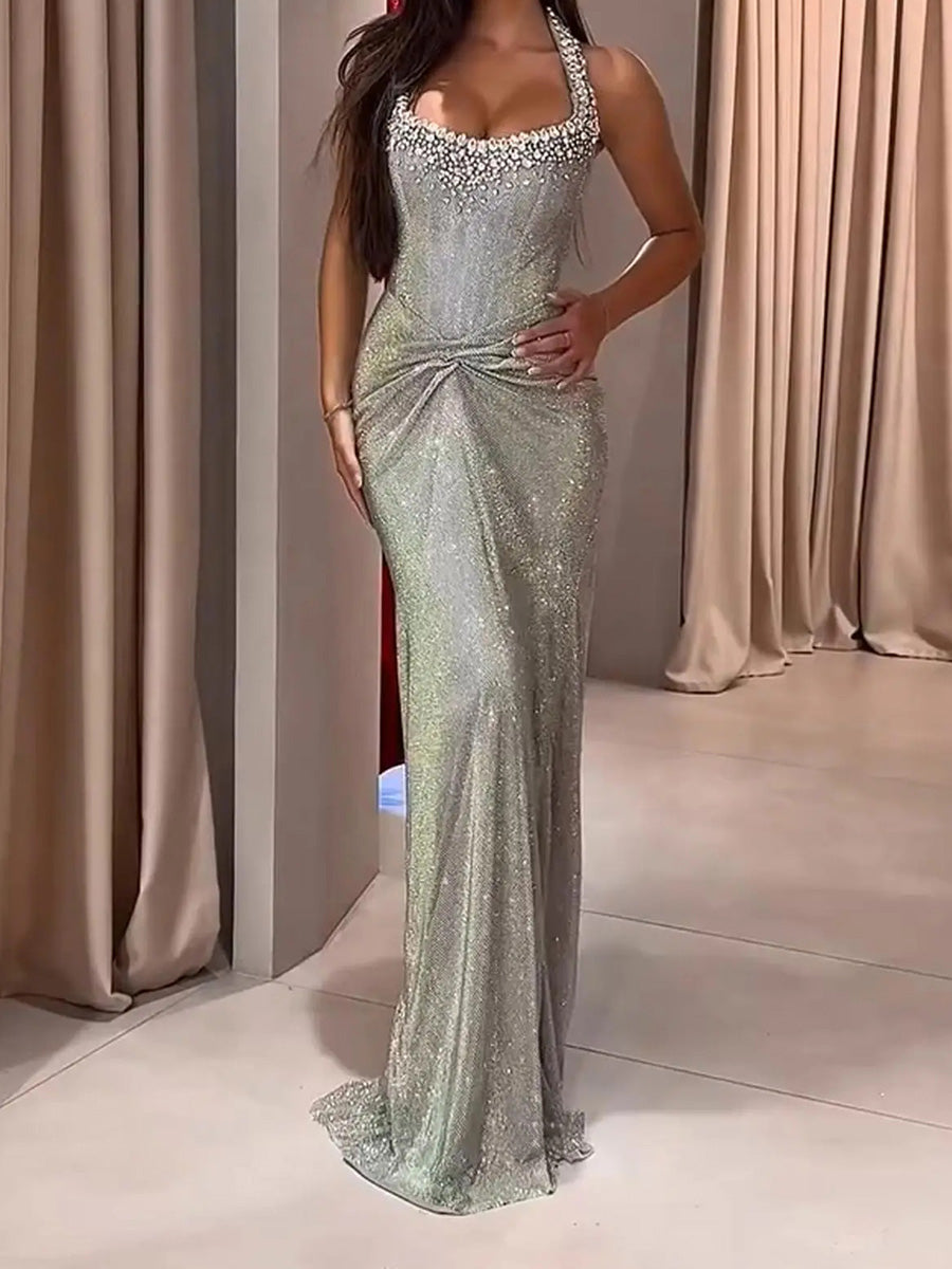 Sheath/Column Halter Rhinestone Floor-Length Corset Evening Dress