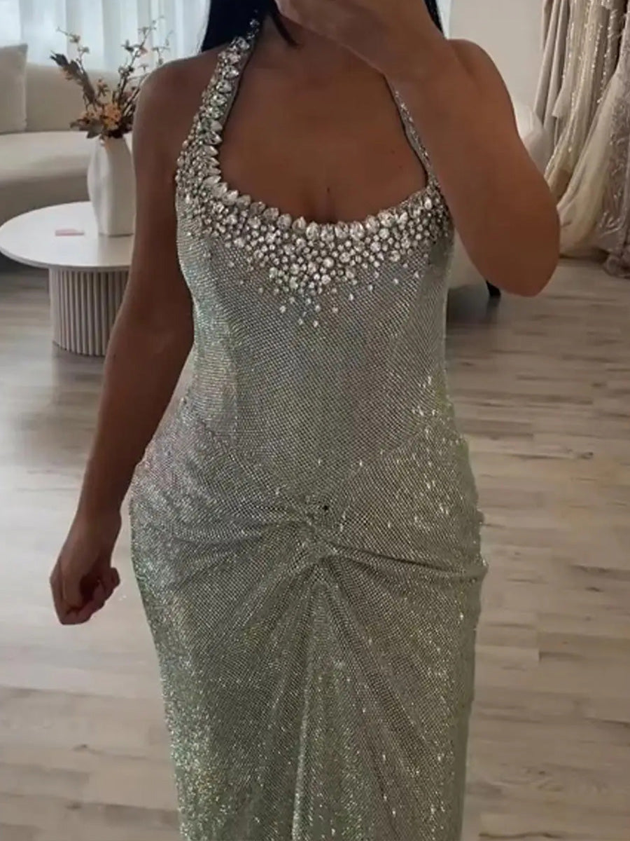 Sheath/Column Halter Rhinestone Floor-Length Corset Evening Dress