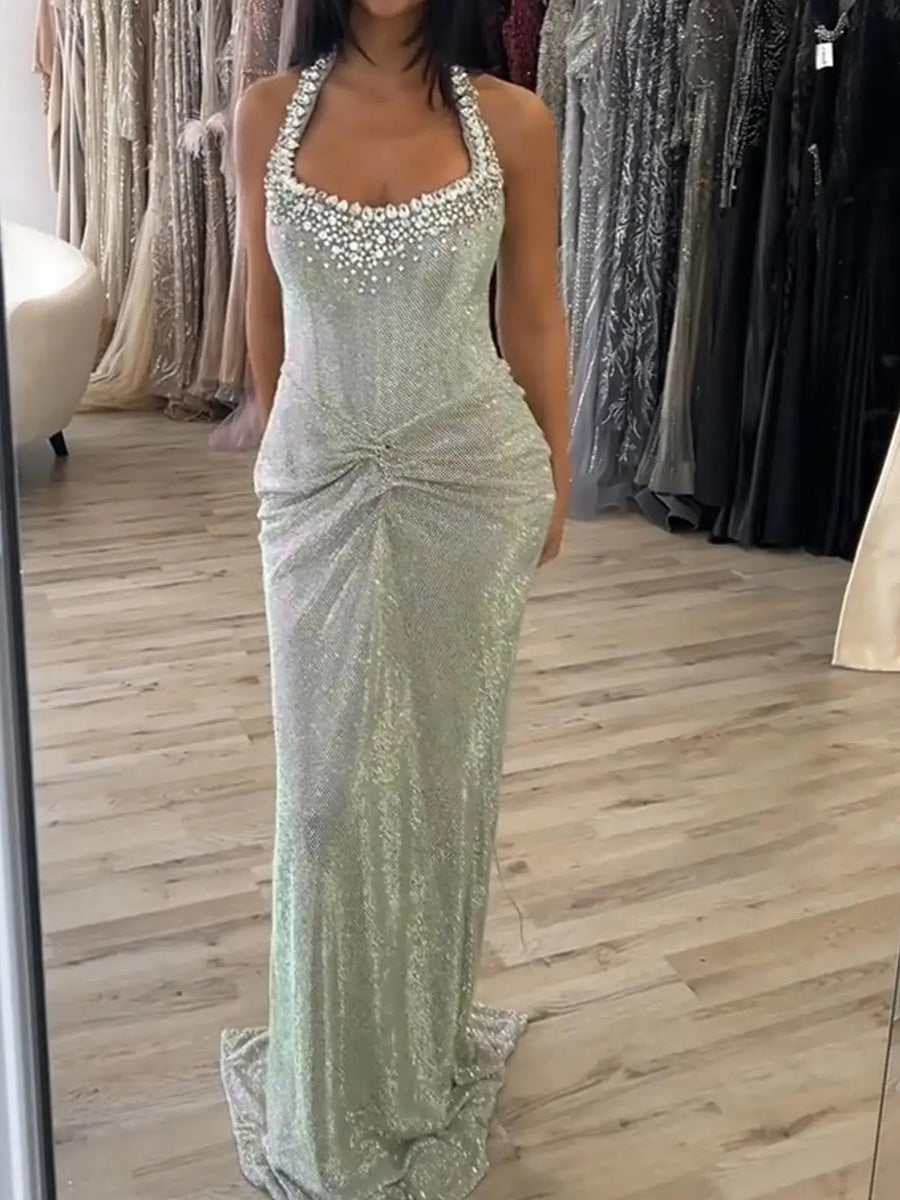 Sheath/Column Halter Rhinestone Floor-Length Corset Evening Dress