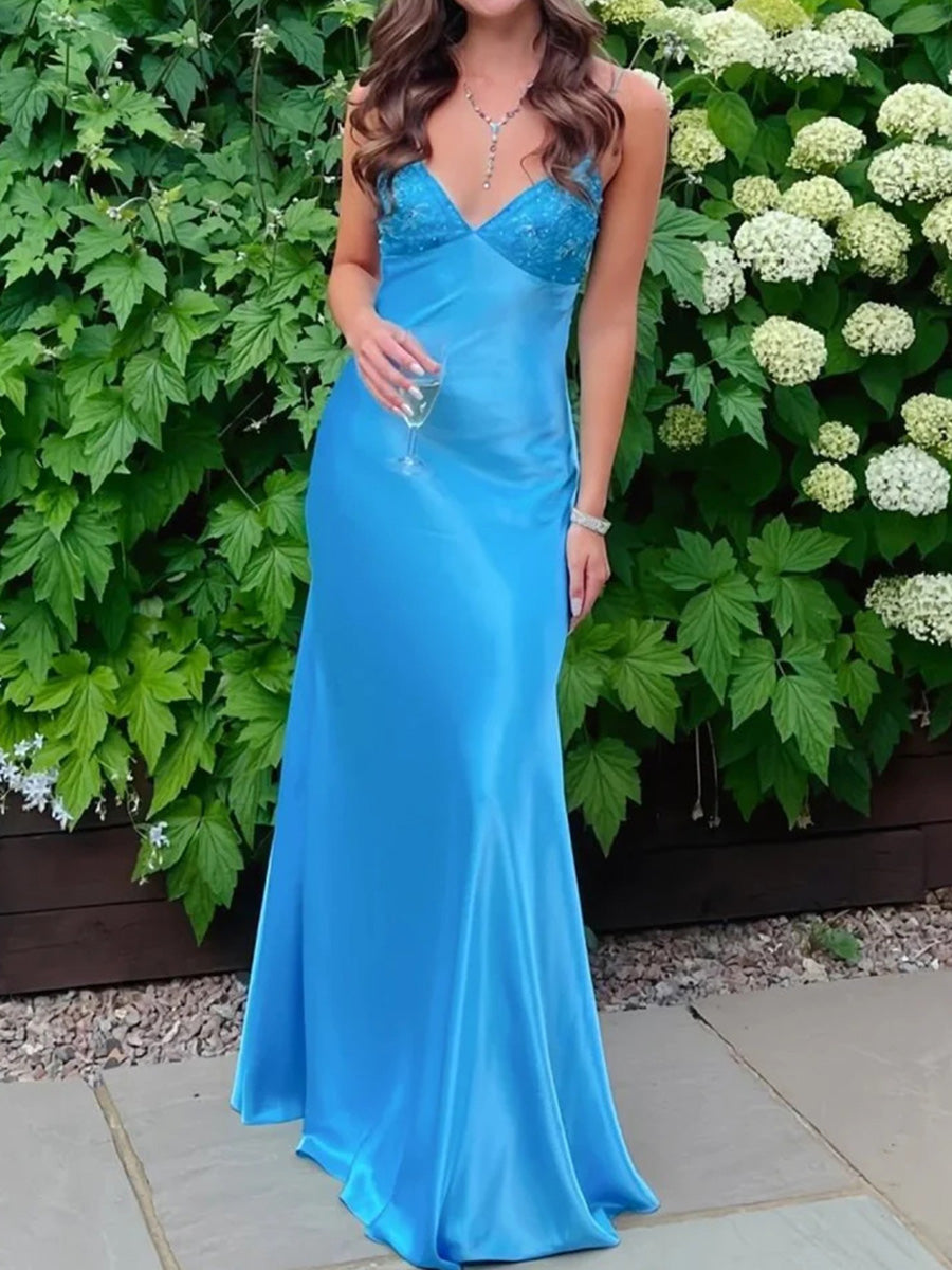 Sheath/Column V-neck Floor-Length Silk Like Satin Corset Evening Dress