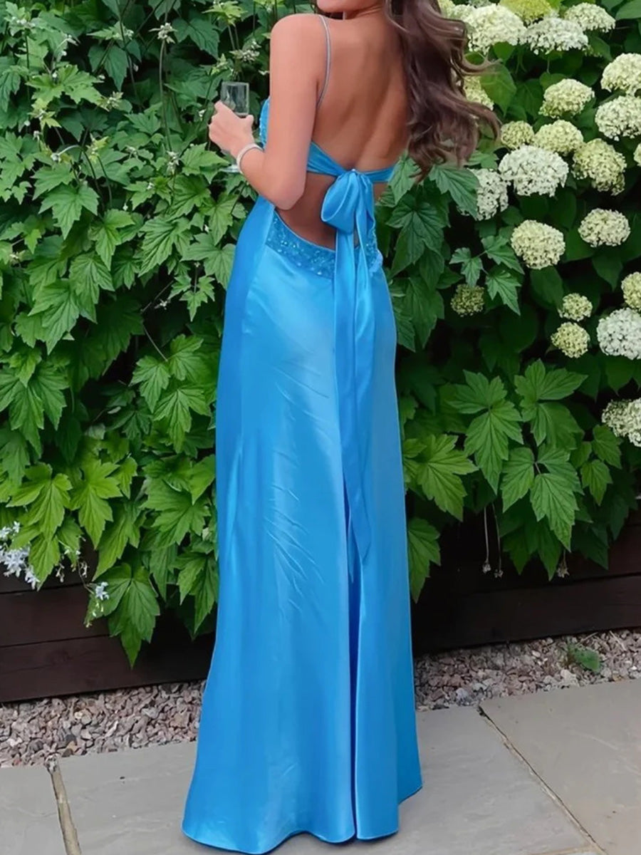 Sheath/Column V-neck Floor-Length Silk Like Satin Corset Evening Dress