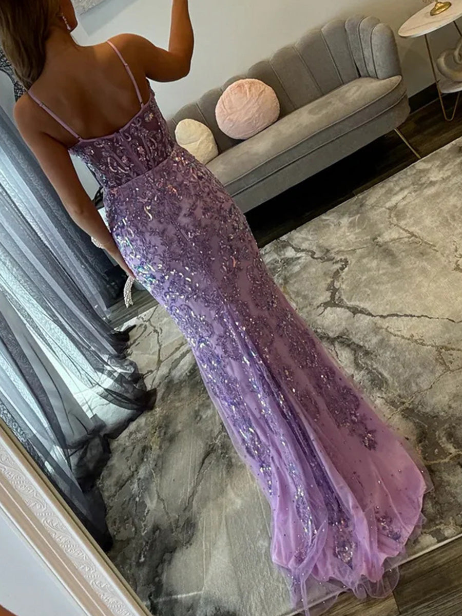 Sheath/Column V-neck Sequin Sweep Train Tulle Corset Evening Dress