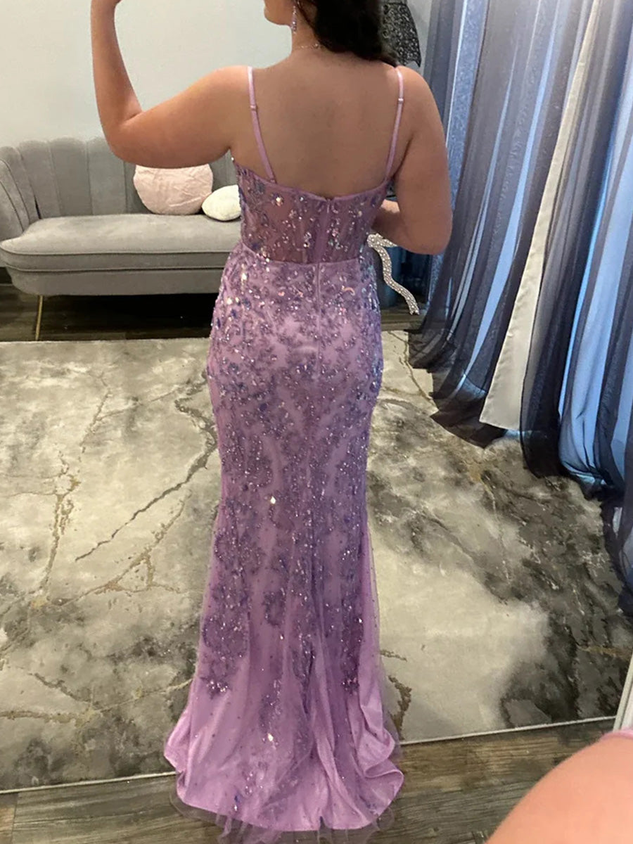 Sheath/Column V-neck Sequin Sweep Train Tulle Corset Evening Dress
