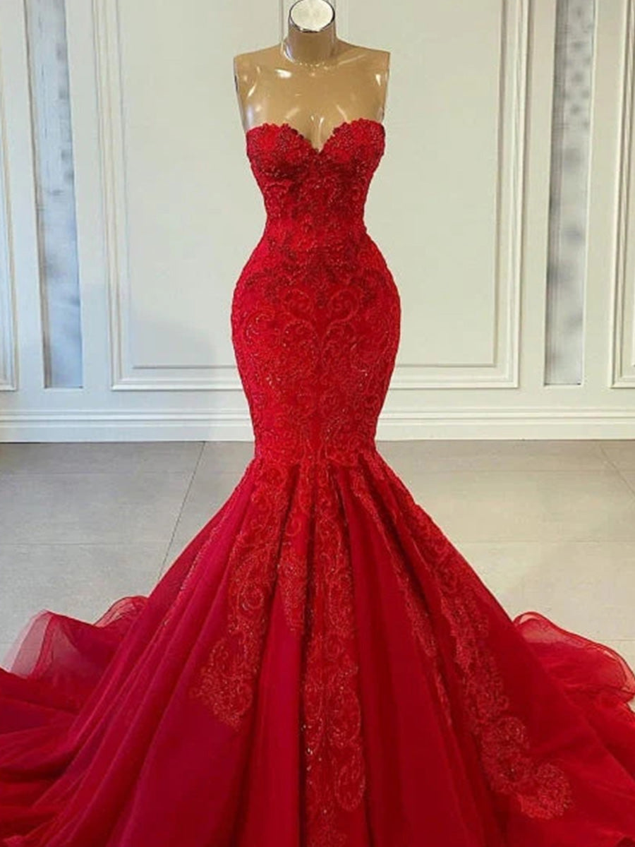 Trumpet/Mermaid Sweetheart Appliques Lace Sweep Train Tulle Corset Evening Dress