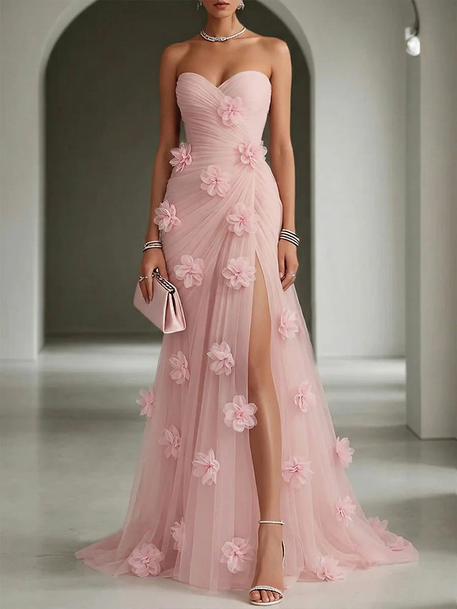 Sheath/Column Sweetheart Flower Sweep Train Tulle Corset Evening Dress