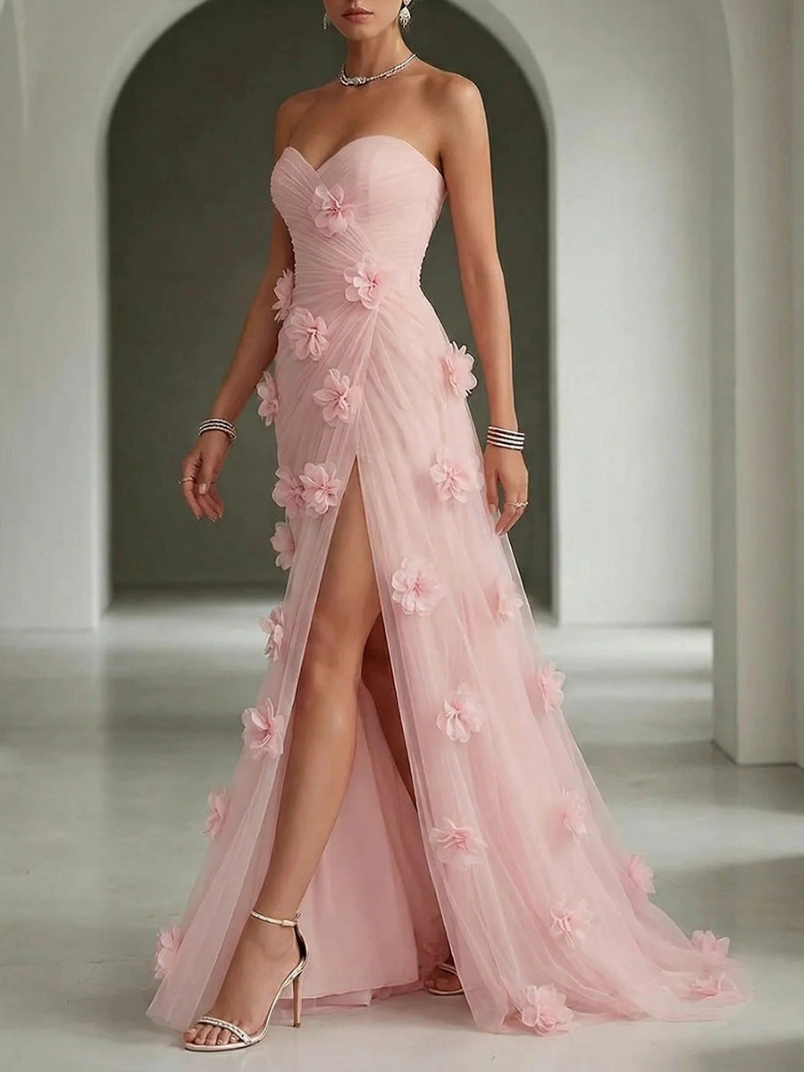 Sheath/Column Sweetheart Flower Sweep Train Tulle Corset Evening Dress