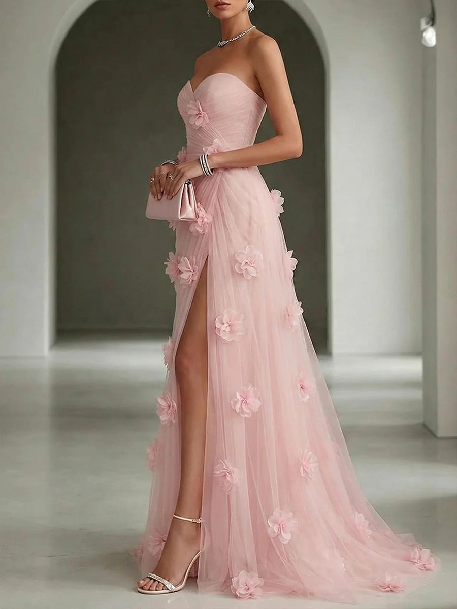 Sheath/Column Sweetheart Flower Sweep Train Tulle Corset Evening Dress