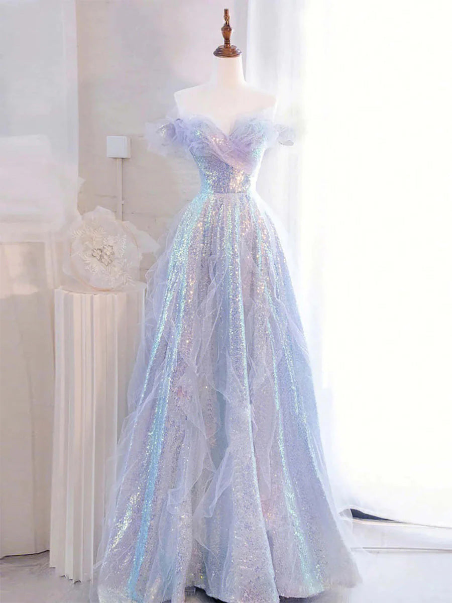 A-line/Princess Off-the-Shoulder Ruffles Floor-Length Sequins Evening Dress