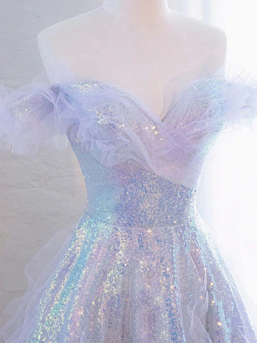A-line/Princess Off-the-Shoulder Ruffles Floor-Length Sequins Evening Dress