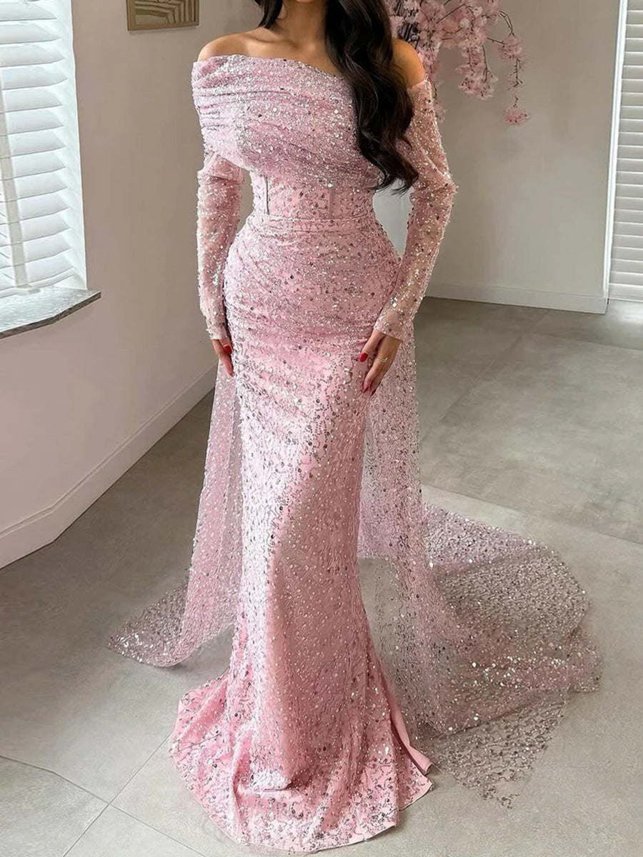 Sheath/Column Off-the-Shoulder Long Sleeves Pleated Floor-Length Corset Evening Dress