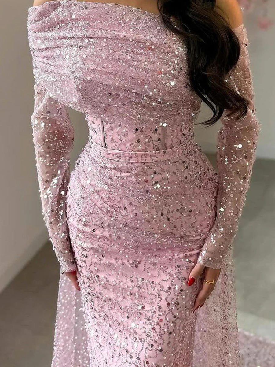 Sheath/Column Off-the-Shoulder Long Sleeves Pleated Floor-Length Corset Evening Dress