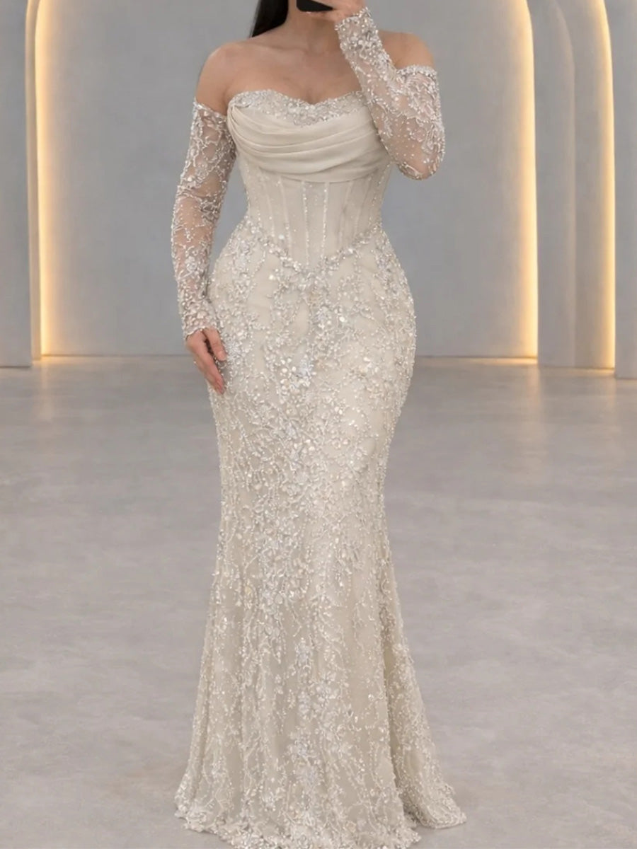 Sheath/Column Off-the-Shoulder Long Sleeves Appliques Lace Floor-Length Satin Chiffon Corset Evening Dress