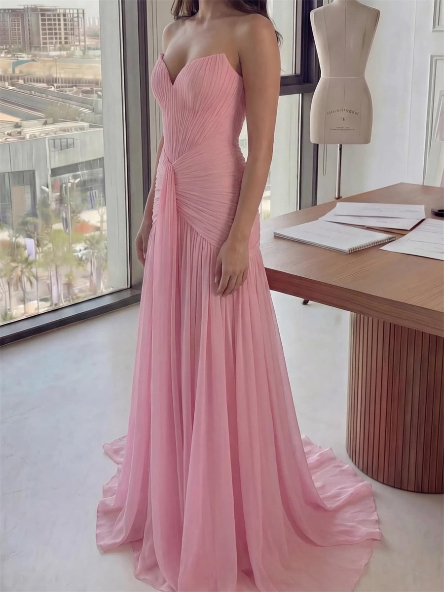 Sheath/Column Sweetheart Ruffles Sweep Train Chiffon Corset Evening Dress