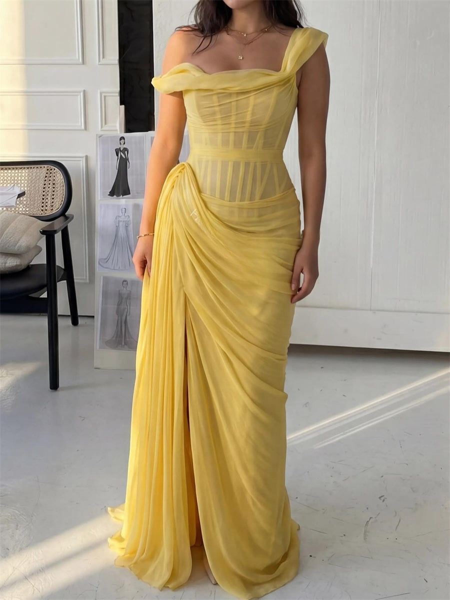 Sheath/Column One-Shoulder Pleated Sweep Train 30D Chiffon Corset Evening Dress