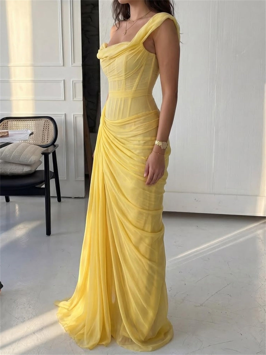Sheath/Column One-Shoulder Pleated Sweep Train 30D Chiffon Corset Evening Dress