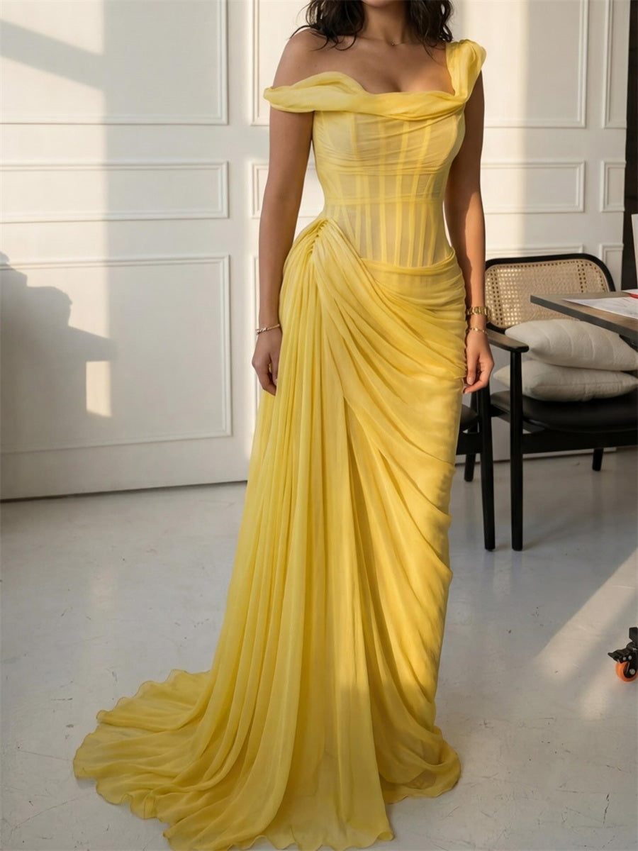 Sheath/Column One-Shoulder Pleated Sweep Train 30D Chiffon Corset Evening Dress