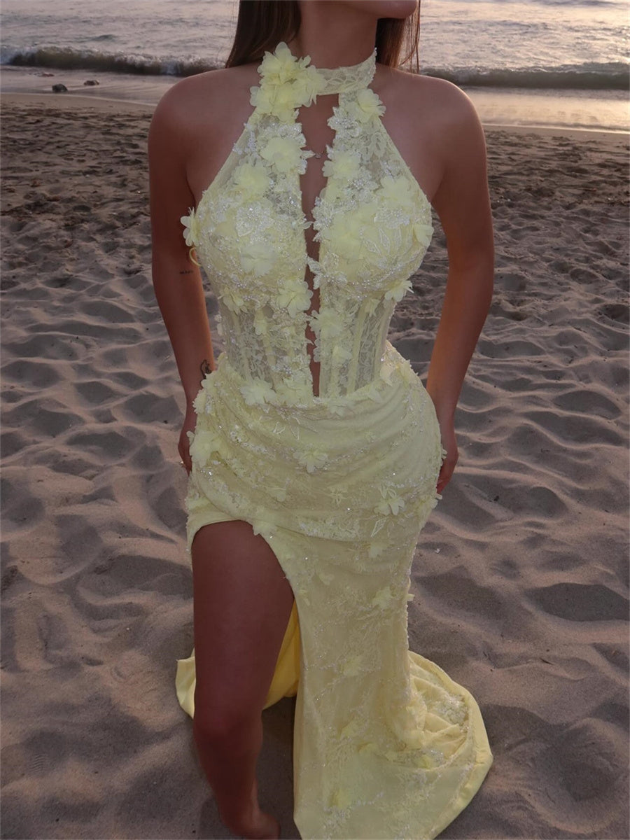 Sheath/Column Scoop Appliques Lace Sweep Train Lace Corset Evening Dress