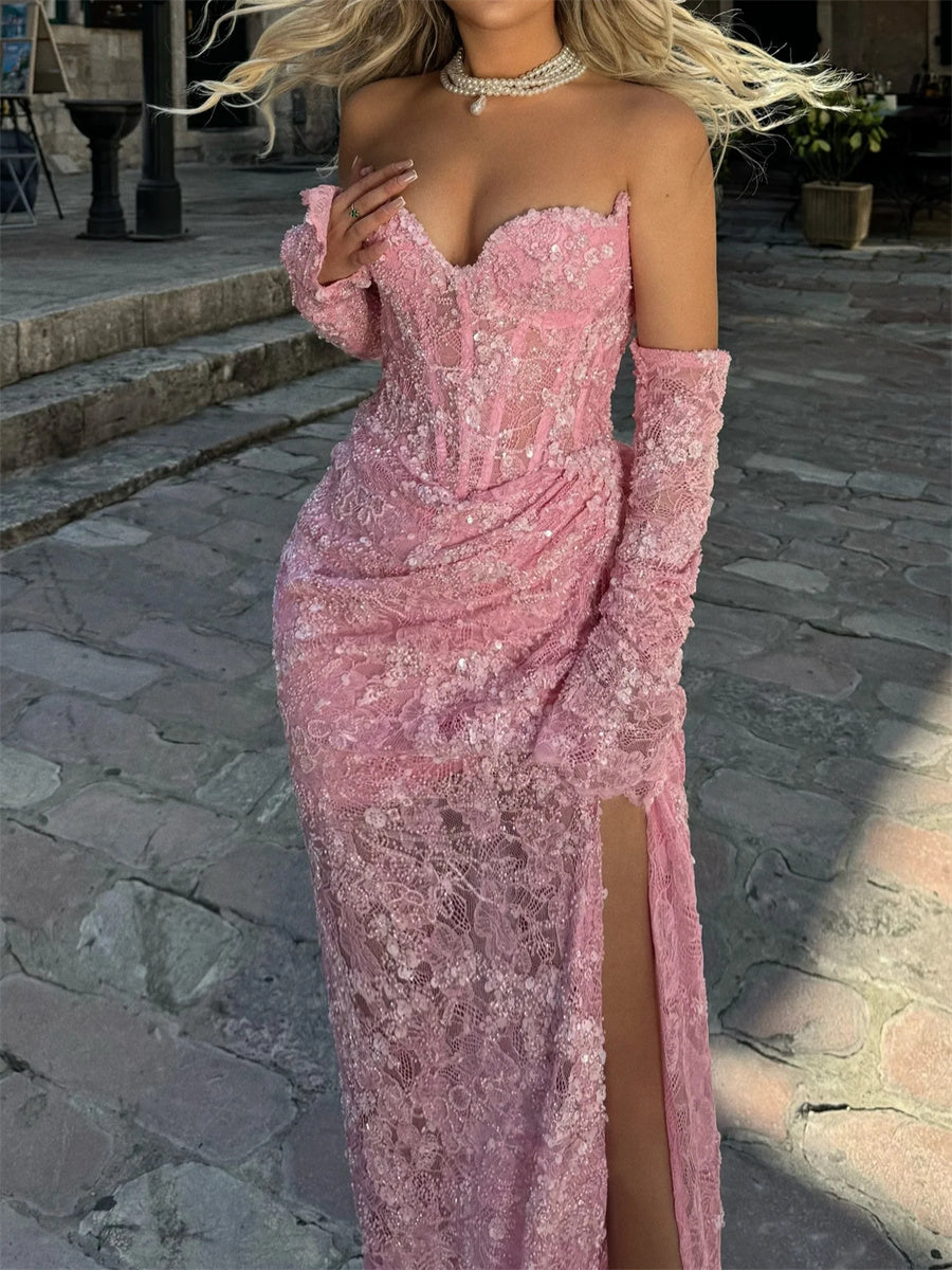 Sheath/Column Sweetheart Appliques Lace Floor-Length Lace Corset Evening Dress