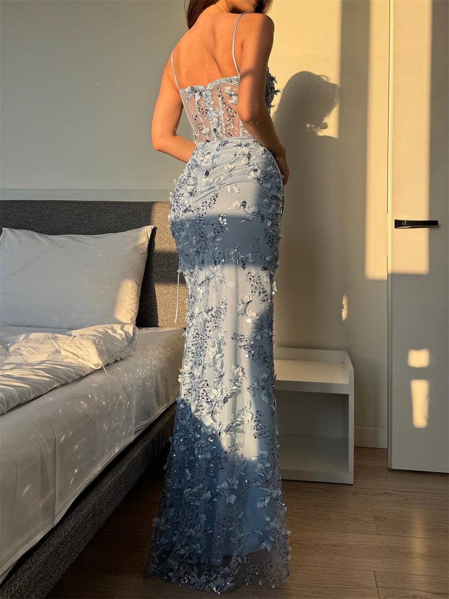 Sheath/Column Spaghetti Straps Appliques Lace Floor-Length Lace Corset Evening Dress