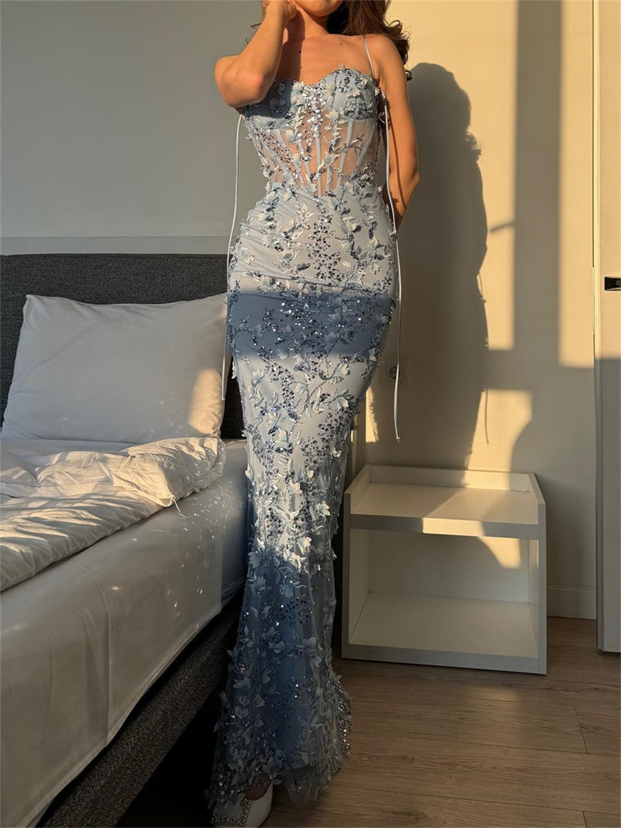 Sheath/Column Spaghetti Straps Appliques Lace Floor-Length Lace Corset Evening Dress