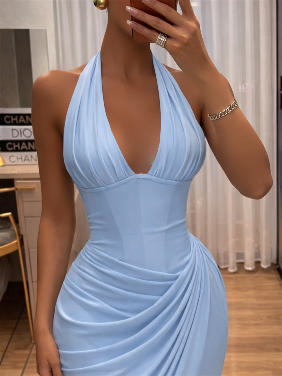 Sheath/Column Halter Pleated Sweep Train Jersey Corset Evening Dress
