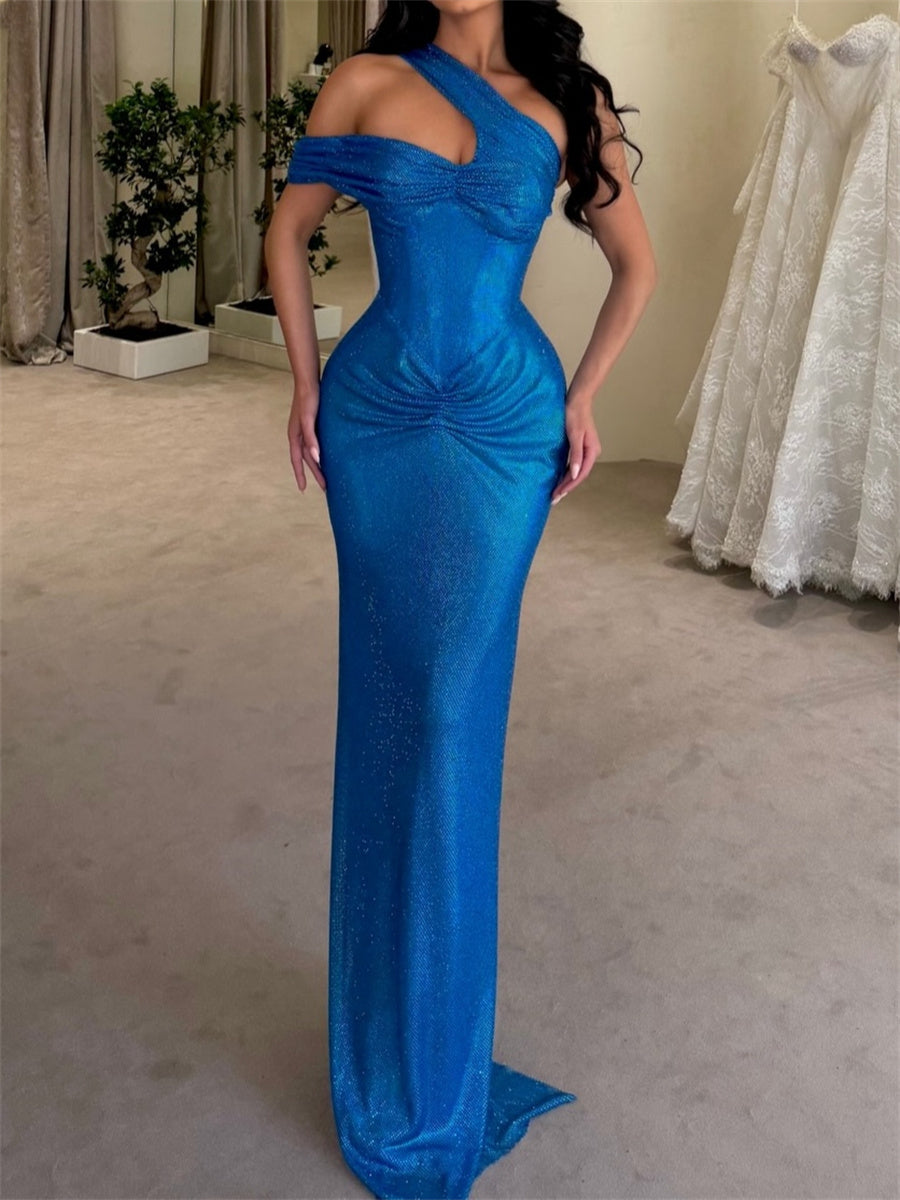 Sheath/Column One-Shoulder Pleated Sweep Train Corset Evening Dress