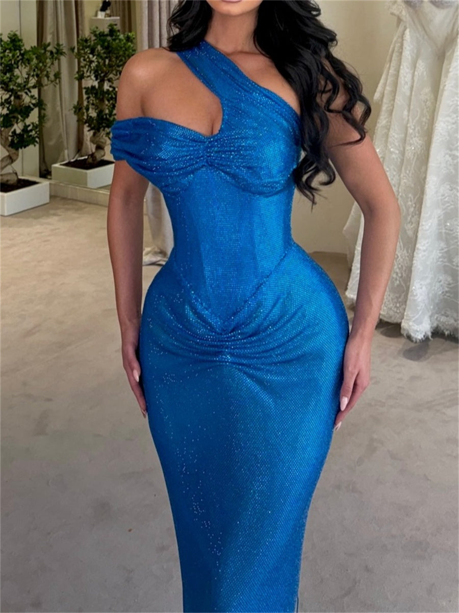 Sheath/Column One-Shoulder Pleated Sweep Train Corset Evening Dress