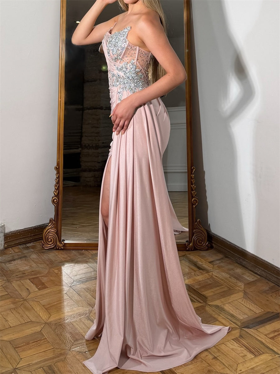 Sheath/Column Straight Sequin Sweep Train Jersey Corset Evening Dress