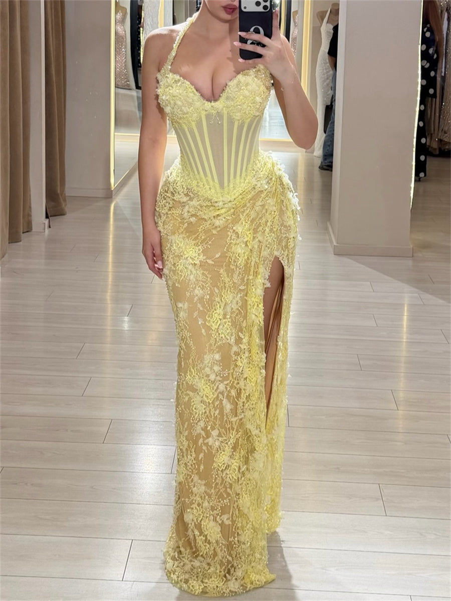 Sheath/Column Halter Appliques Lace Floor-Length Lace Corset Evening Dress
