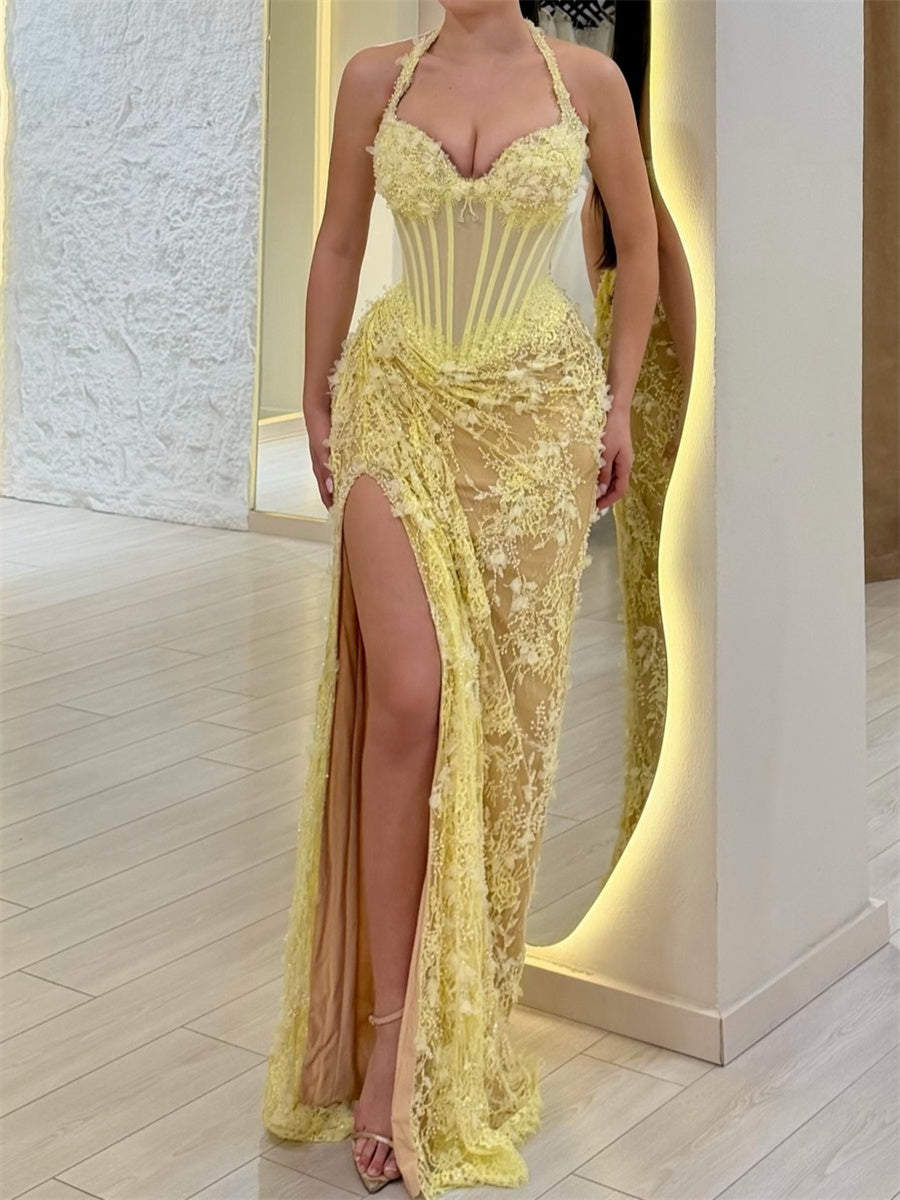 Sheath/Column Halter Appliques Lace Floor-Length Lace Corset Evening Dress