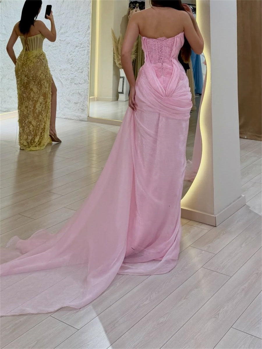 Sheath/Column Straight Pleated Sweep Train Organza Corset Evening Dress