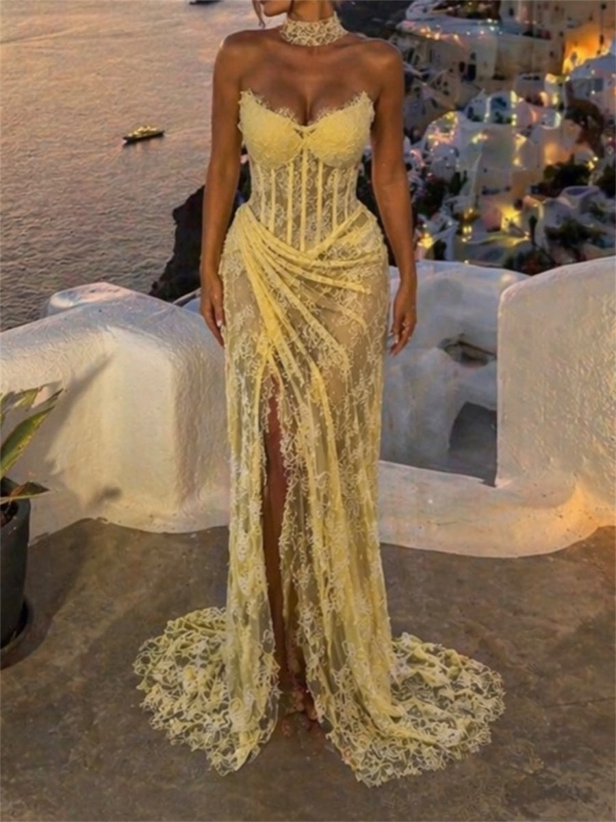 Sheath/Column Sweetheart Pleated Sweep Train Lace Corset Evening Dress