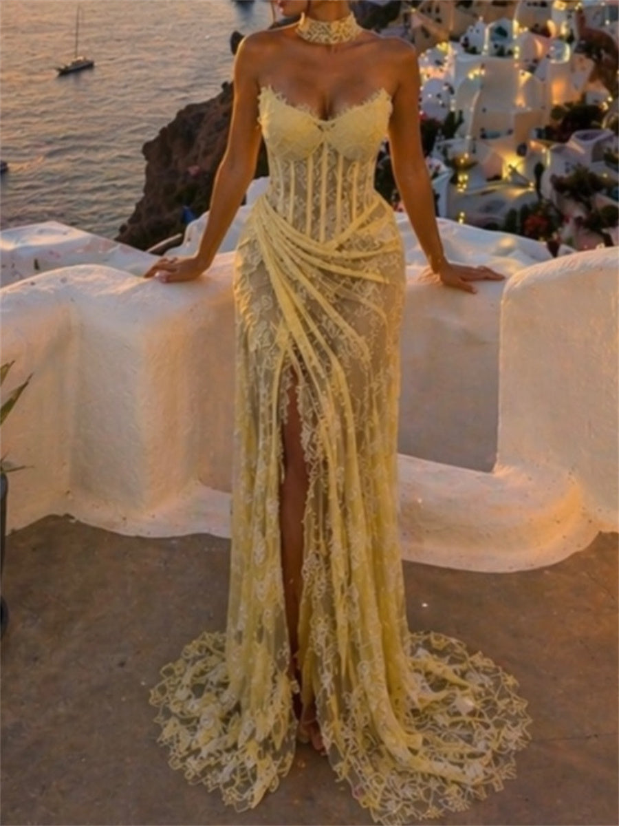 Sheath/Column Sweetheart Pleated Sweep Train Lace Corset Evening Dress
