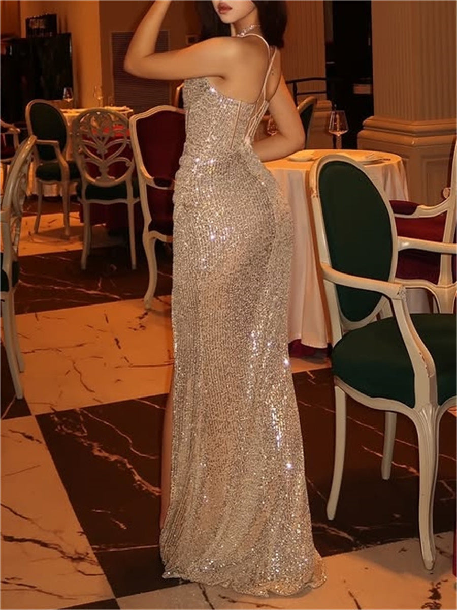 Sheath/Column Spaghetti Straps Pleated Sweep Train Corset Evening Dress