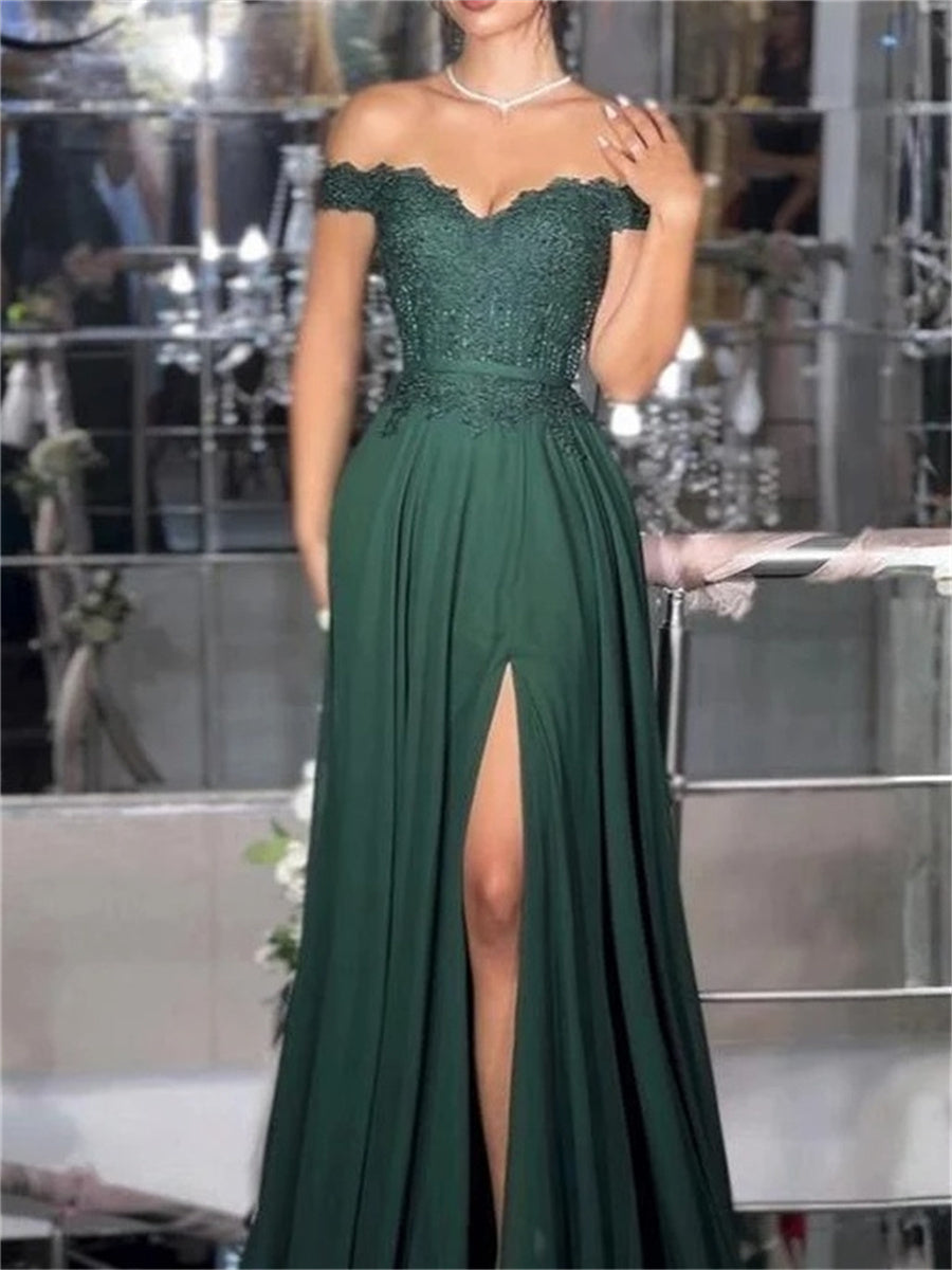 A-line/Princess Off-the-Shoulder Ruffles Sweep Train Satin Chiffon Corset Evening Dress