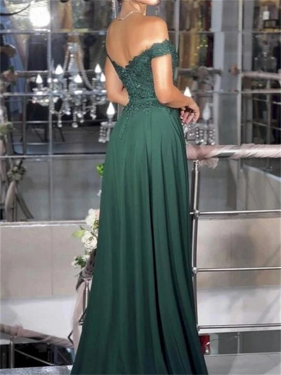 A-line/Princess Off-the-Shoulder Ruffles Sweep Train Satin Chiffon Corset Evening Dress