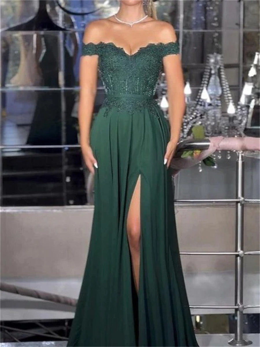 A-line/Princess Off-the-Shoulder Ruffles Sweep Train Satin Chiffon Corset Evening Dress