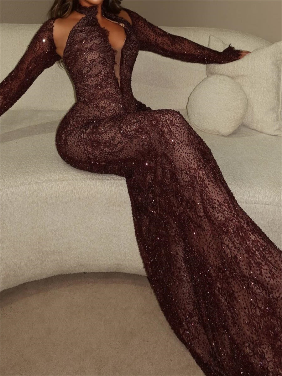 Sheath/Column V-neck Long Sleeves Appliques Lace Floor-Length Lace Evening Dress