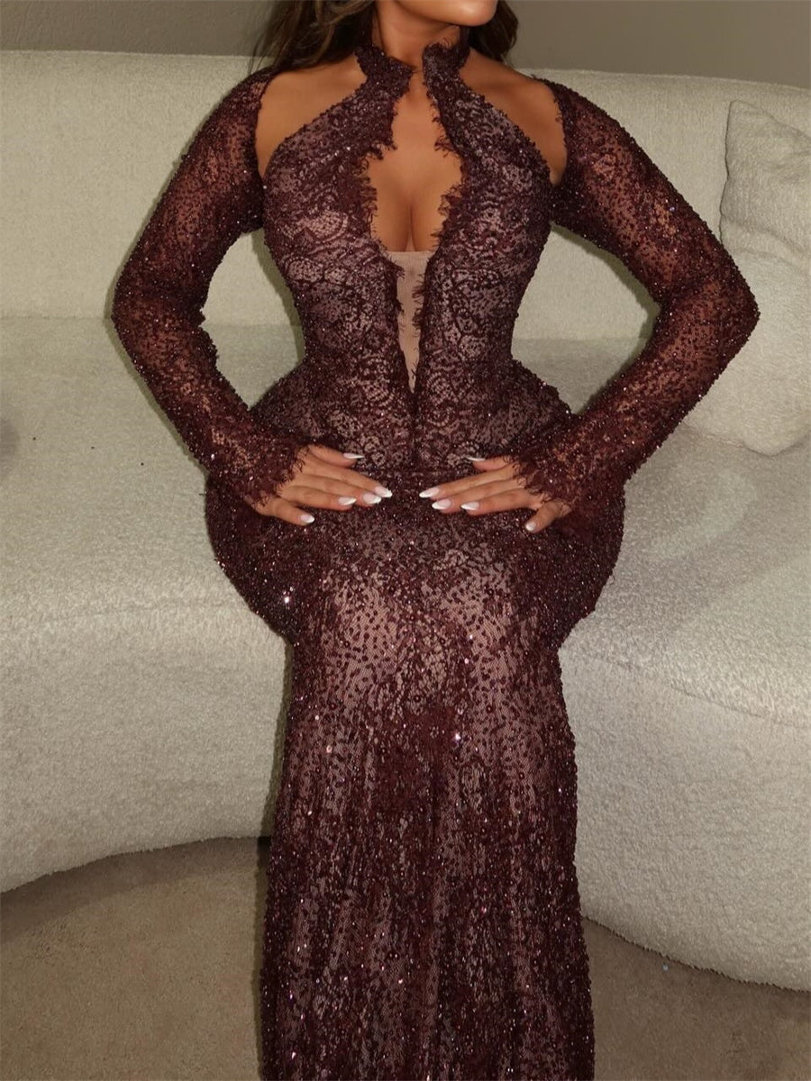 Sheath/Column V-neck Long Sleeves Appliques Lace Floor-Length Lace Evening Dress