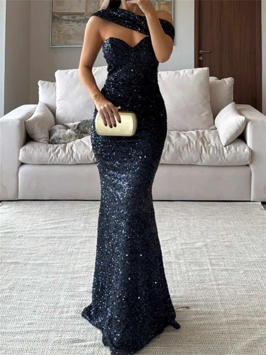 Sheath/Column One-Shoulder Sequin Sweep Train Velvet Sequins Evening Dress