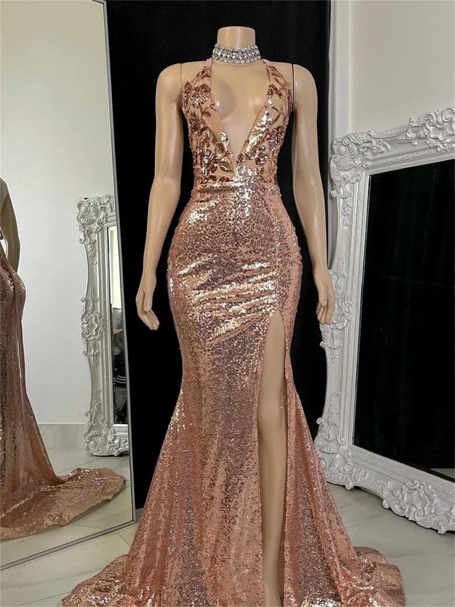 Sheath/Column V-neck Appliques Lace Sweep Train Sequins Evening Dress