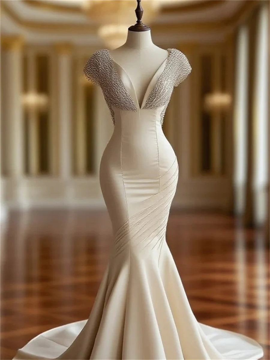 Trumpet/Mermaid V-neck Ruffles Court Train Satin Chiffon Corset Evening Dress