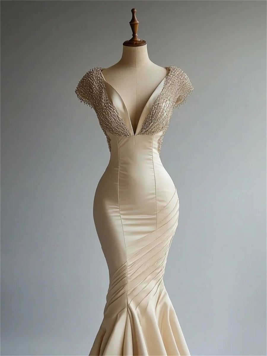 Trumpet/Mermaid V-neck Ruffles Court Train Satin Chiffon Corset Evening Dress